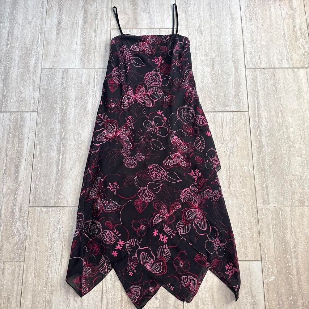 VTG Y2K Butterfly Rose Handkerchief Hem Midi Dress Black Pink Whimsigoth 12
